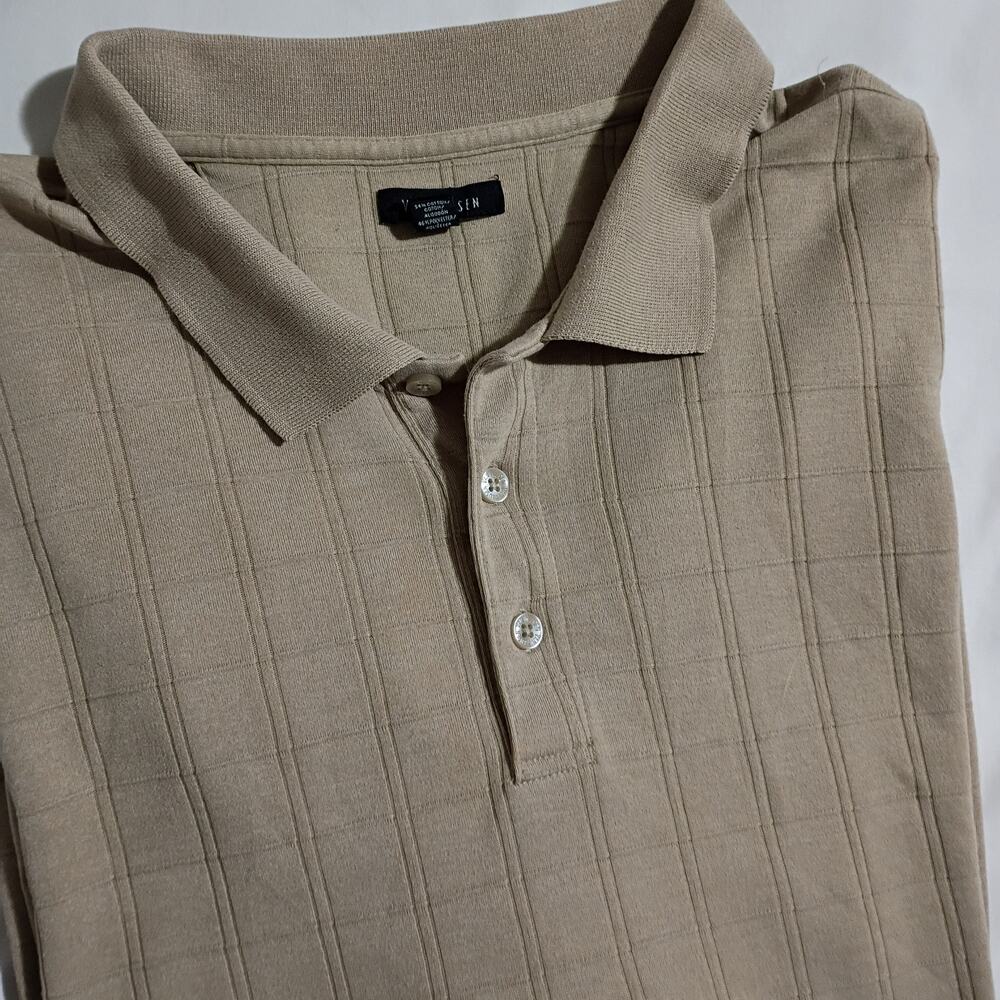 4XL Men's Windowpane Plaid Cream Textured Long-Sleeved 1/4 Button Collar Shirt
